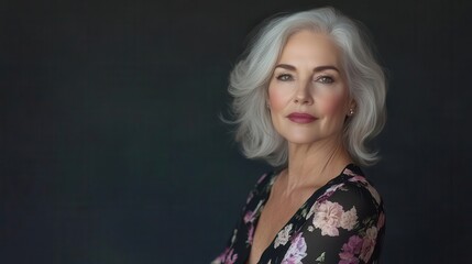 elegant mature woman posing against a solid backdrop, radiating confidence and poise, celebrating beauty and maturity in a contemporary portrait