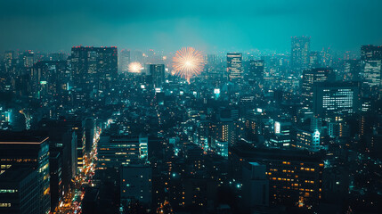 Obraz premium Celebrate New Year with a stunning fireworks display over a vibrant city skyline at night