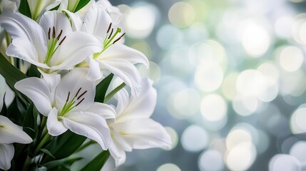 elegant white flowers with a soft bokeh background, creating a peaceful, solemn atmosphere suitable for mourning and funeral imagery, with ample copy space