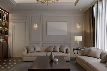 modern contemporary living room with mockup poster frame and sofa. 3d illustration	