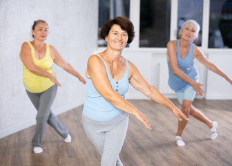 Obraz premium Group of elderly athletic women doing dancing in fitness room