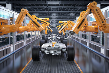 Robot assembly line with ev car battery on undercarriage platform