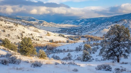 enchanting winter valley scene with soft white snow blanketing rolling hills, snow-dusted pine trees, and scenic mountains in the distance, evoking a serene and peaceful winter wonderland