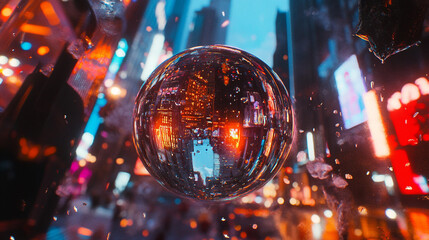 Fototapeta premium Reflections of city lights captured in a bubble during a rainy night in New York
