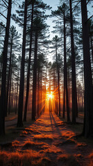 Obraz premium Forest landscape with golden light at dusk in Apatity, Murmansk Region, Russia, nature scenery, forest colors, northern forest, Russia