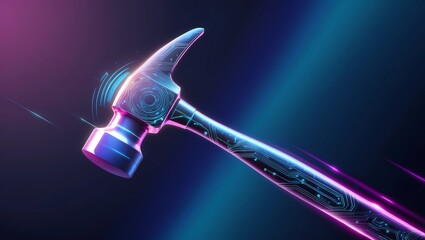 Futuristic 8K Digital Wallpaper with Abstract Hammer and Neon Circuitry Design in Electric Blue and Purple