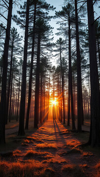 Forest landscape with golden light at dusk in Apatity, Murmansk Region, Russia,  nature scenery,  forest colors,  northern forest,  Russia