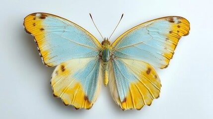 Fototapeta premium exquisite light blue and yellow butterfly with detailed wings, showcasing its natural beauty and symmetry, isolated against a pristine white background