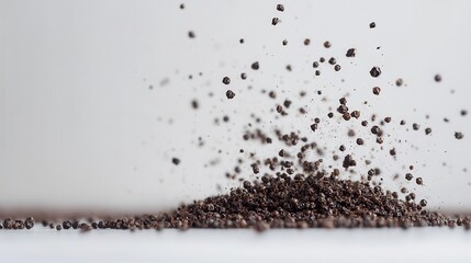Naklejka premium fine black pepper granules suspended in mid-air against a pristine white backdrop, creating a dynamic display of culinary art with texture and spice