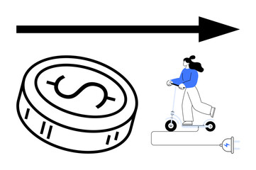 Giant coin with dollar sign, forward arrow, and woman riding electric scooter connected to a plug. Ideal for technology, transportation, sustainability, digital economy, finance, innovation