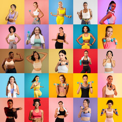 A vibrant collage features women exercising with dumbbells. They embody strength and determination in colorful athletic wear, promoting fitness and health.