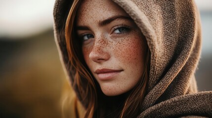 Fototapeta premium freckled woman in hoodie, soft lighting, natural expression, shallow depth of field, earth tones, candid, contemporary lifestyle photography