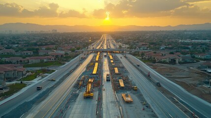Fototapeta premium Sunset over a construction site with highways and residential areas in the background.