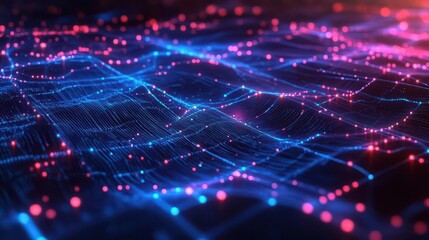 Obraz premium futuristic digital map of the usa with glowing data streams, network nodes, and cyber grids, illustrating connectivity and global information exchange in vivid neon hues