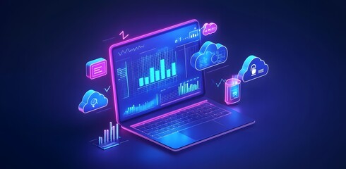 Futuristic Digital Marketing and Data Analysis Concept with Neon Holographic Laptop Interface