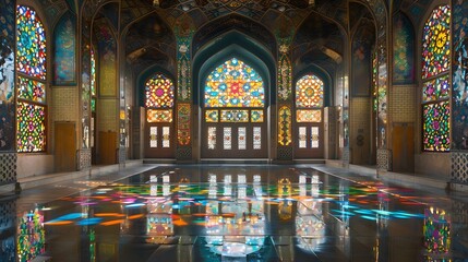 Obraz premium Colorful stained glass windows illuminate a grand hall's reflective floor.