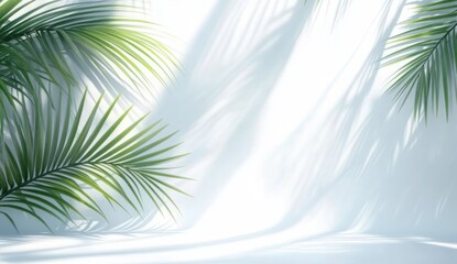 Fototapeta premium Abstract Light Blue Background with Palm Leaf Shadows on White Wall for Product Display