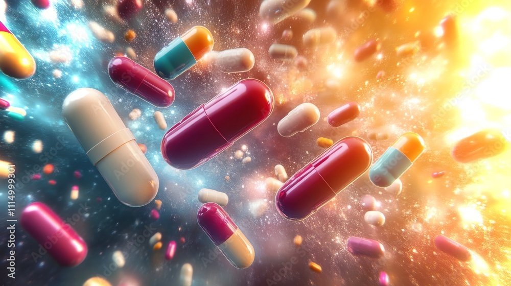 Poster colorful capsules float in a dynamic abstract composition with vibrant background
