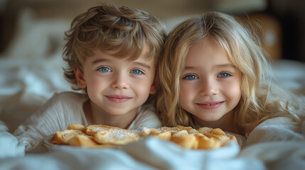 Little brother and sister celebrating with a homemade breakfast in bed, showcasing love for each other as siblings