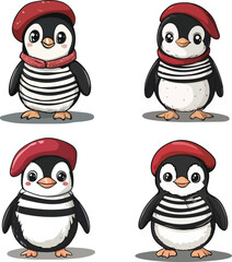 Fototapeta premium Cute Cartoon Penguins in Striped Shirts and Berets