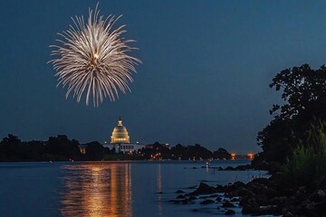 Mysterious night sky with full moon United States Capitol Building in Washington DC with Fireworks Background For 4th of July