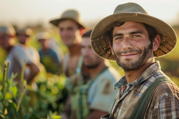 Fototapeta premium Photography of a Argentina group of professional farmers and in outdoor workspace, the team manager is in front.