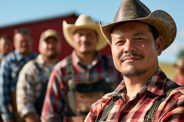 Fototapeta premium Photography of a USA group of professional farmers and in outdoor workspace, the team manager is in front.