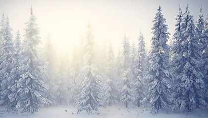 Fototapeta premium snow covered trees in a serene forest soft light filtering through