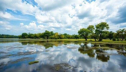 Obraz premium Serene Lakeside Park Landscape Under A Cloudy Sky