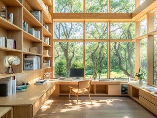 Spacious Home Library with Floor-to-Ceiling Bookshelves and a Wooden Desk Overlooking a Serene Garden, Perfect for Reading and Working Amidst Nature