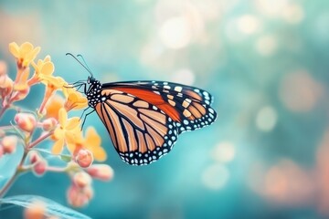 Monarch butterfly perched on yellow flower in a serene natural setting during a sunny afternoon