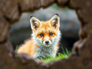 Obraz premium Cute fox peeking out of hole on pastel background, centered in frame, background, nature, outdoors