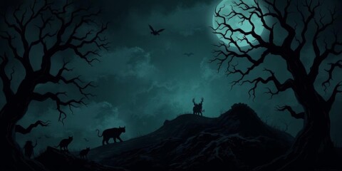 Dark and eerie vector seamless background with twisted trees, looming shadows, and mysterious creatures, background, creatures, seamless