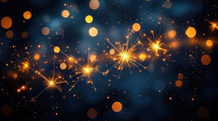 Fototapeta premium Golden Bokeh Sparkler Lights Ethereal Decoration on Dark Blue Background for Festive Celebration Holiday and Christmas