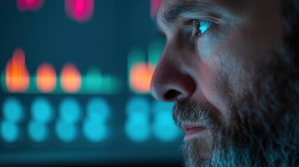 Side view of a focused man analyzing colorful data graphs on a glowing screen, representing technology and analytics.
