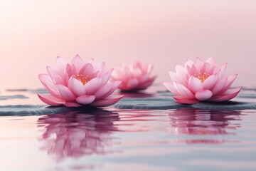 Pink Lotus Blossoms Floating Calmly On Water