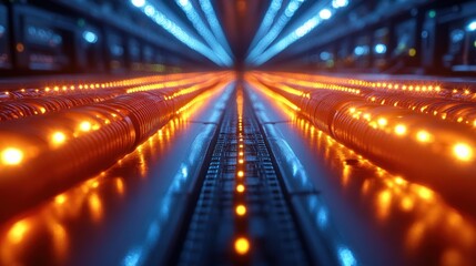Fototapeta premium Close-Up of Vibrant Orange Network Cables Connected to a Server in a Data Center Environment