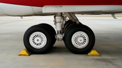 Aircraft landing gear with tires on yellow chocks at the airport during daytime