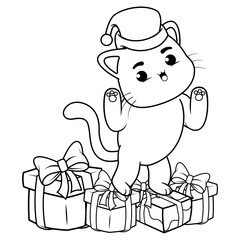 Christmas coloring page with cat for kids