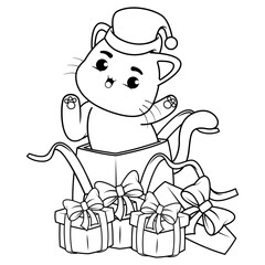 Christmas coloring page with cat for kids