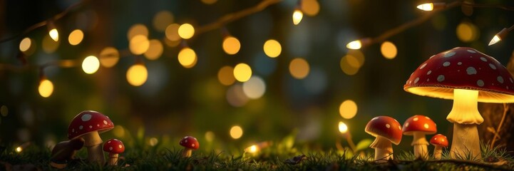 Obraz premium Enchanting birthday invitation card surrounded by fairy lights, toadstools, and forest creatures, with blank space for text, theme, magical, invitation