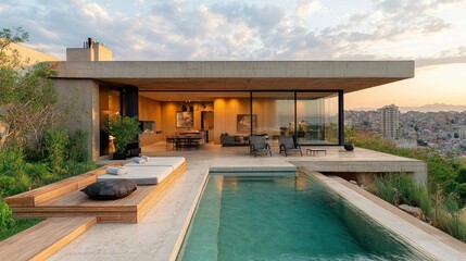 Fototapeta premium Modern house with a pool and scenic view, blending nature and architecture.