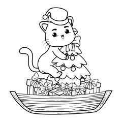 Naklejka premium Christmas coloring page with cat for kids