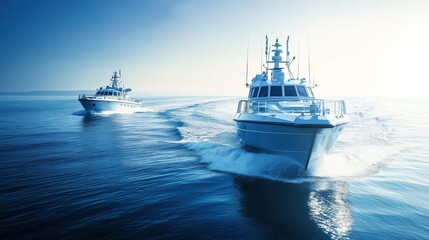 Naklejka premium Sleek Naval Patrol Boats Monitoring the Ocean with Advanced Technology and Defense Systems. Sea area control, anti-terrorism, anti-piracy, marine protection, environmental monitoring, marine pollution