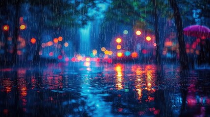 Fototapeta premium Rainy Night City Street Neon Lights Reflection Urban Background
