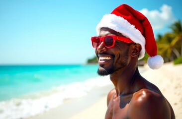 Obraz premium Happy Young Black Man in Santa Clause hat and red sunglasses, against the backdrop of Sea waves, sandy Beach. Winter tourism, Christmas holidays at sea or ocean. Copy Space
