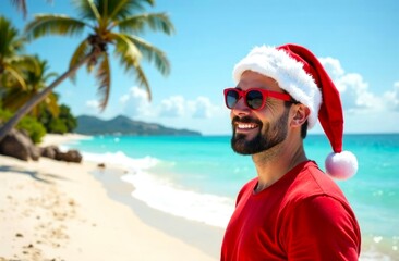 Obraz premium Happy bearded Man in Santa Clause hat and red sunglasses, against the backdrop of Sea waves, sandy Beach. Winter tourism, Christmas holidays at sea or ocean. Copy Space