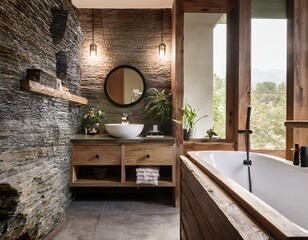 Creating a Rustic Bathroom Embrace Natural Stone and Wooden Vanity for a Cozy Retreat