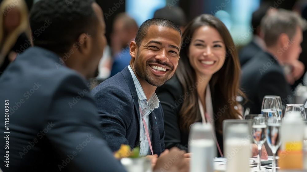 Poster in a vibrant conference hall, a group of professionals shares laughter and ideas over dinner, showca