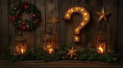 Obraz premium Rustic Christmas scene with lit question mark, lanterns, and wreath.